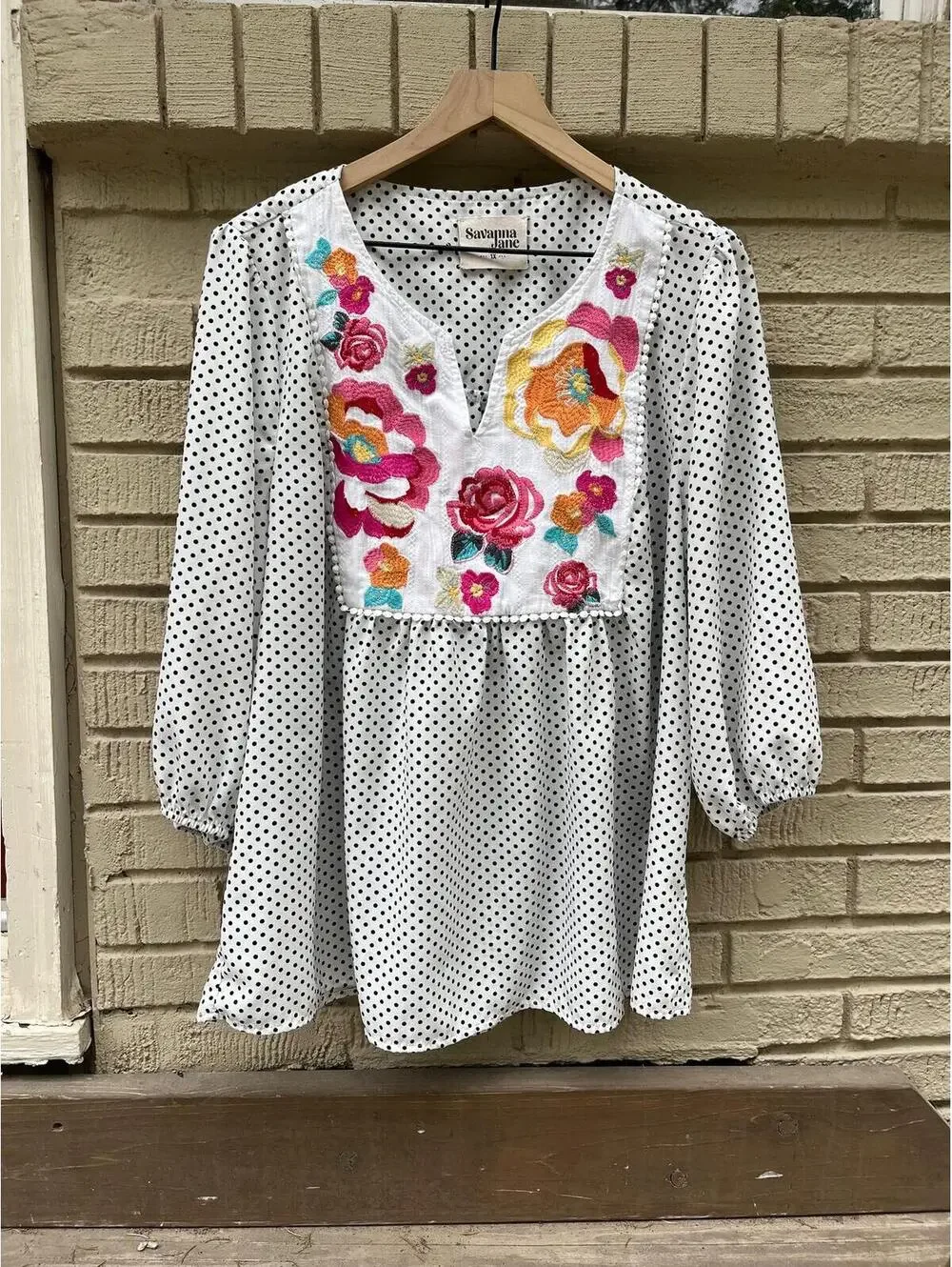 Boutique Savanna Jane 1X Embroidered Polka Dot Floral Blouse Rose Peony Boho - Picture 1 of 3